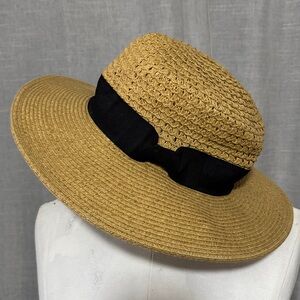 Summer Hat-Tan with Black Ribbon Detail-Paper Material-EUC